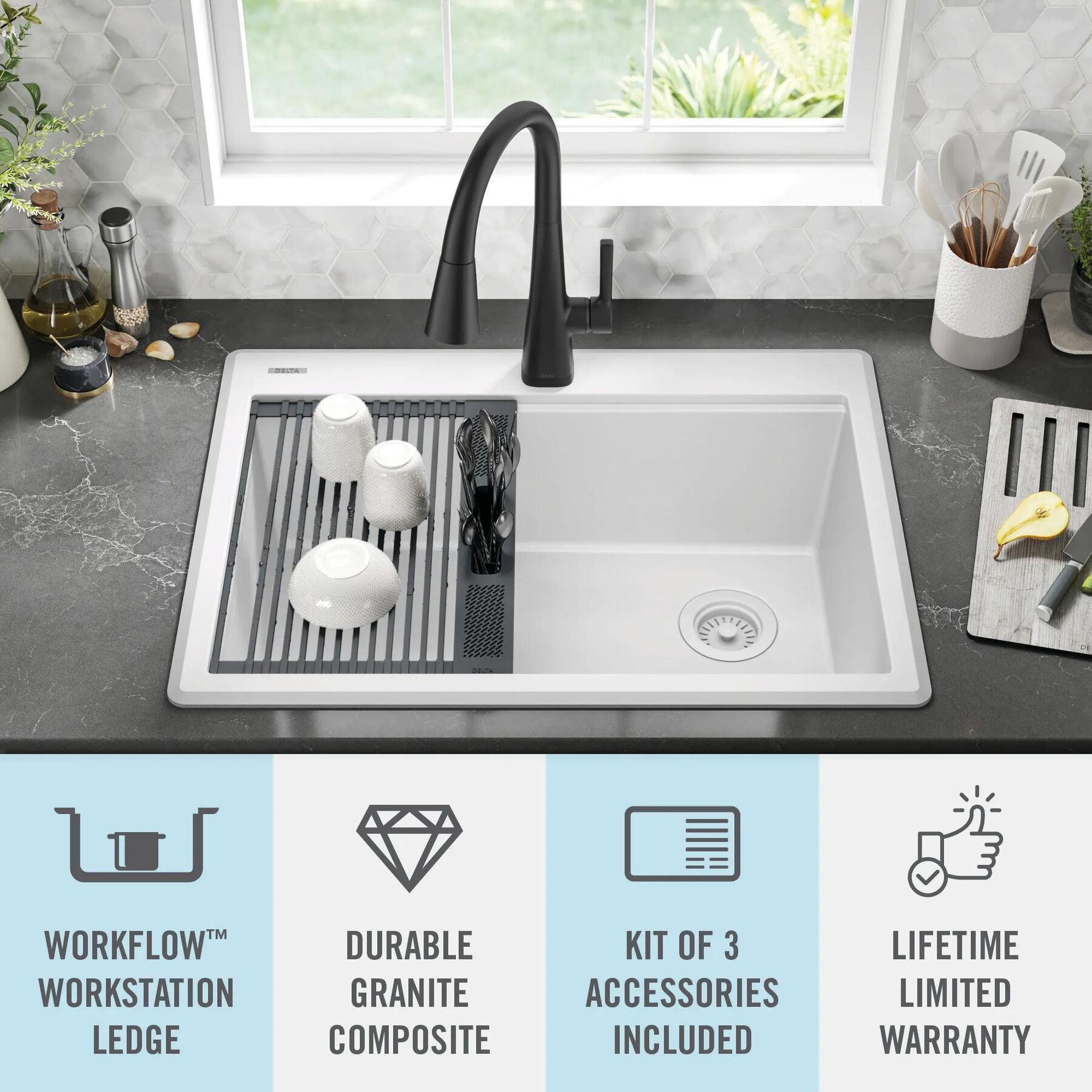 30&rdquo; Granite Composite Workstation Kitchen Sink Drop-In Top Mount Single Bowl with WorkFlow&trade; Ledge and Accessories in White